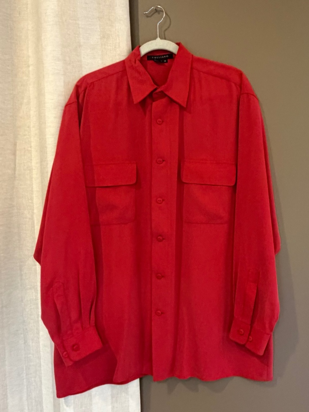 Tulliano Men's 100% Silk Red Long Sleeve Button Down Shirt, Size Medium